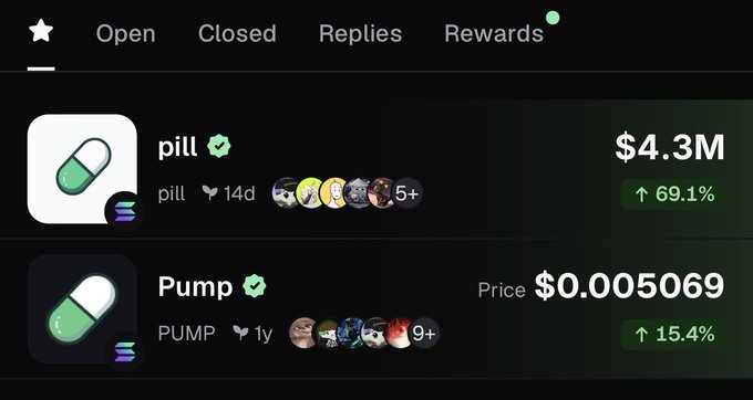 A cryptocurrency tracker displays two Solana tokens, "pill" ($4.3M, up 69.1%) and "Pump" ($0.005069, up 15.4%), illustrating the post's point about Pump-related pairs gaining momentum but still lacking a top-tier custom pair compared to other meme "sectors" like stonk, pons, and long.