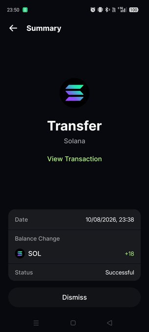 The image shows a crypto wallet transaction summary confirming a successful Solana (SOL) transfer of +18 SOL on 10/08/2026 at 23:38. This aligns with the accompanying post's giveaway announcement, likely showcasing a prize distribution or winner payout in SOL.