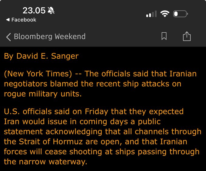 The image shows a Bloomberg Weekend article by David E. Sanger of the New York Times, reporting that U.S. officials expect Iran to publicly declare the Strait of Hormuz open and halt attacks on ships in the coming days—context for the post's skeptical "Friday hopeium" caption suggesting optimism on a Friday without commitment.