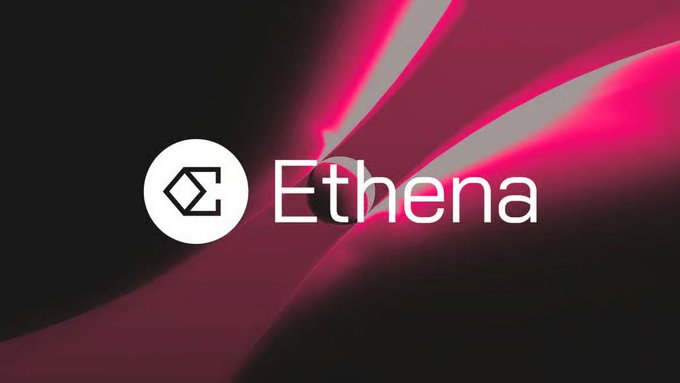 The Ethena logo featuring a circular emblem with a diamond-like symbol displayed against a dark background with pink and black abstract lighting.
