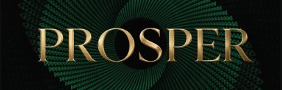 The image displays the word "PROSPER" in large gold lettering against a dark green background featuring a radiating spiral pattern of small text. This serves as a branded graphic for Prosper's newly launched "Genesis Season," a promotional milestone for the @ProsperTicker token event highlighted in the caption.