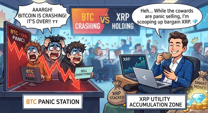 A cartoon illustration contrasts panicked crypto traders at a 'BTC PANIC STATION' with a calm investor at an 'XRP UTILITY ACCUMULATION ZONE', showing BTC vs XRP crashing versus holding.