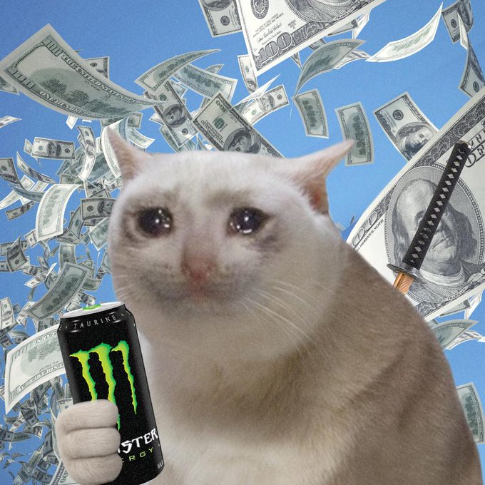 A crying white cat holds a Monster energy can ("TAURINE," "STER," "ERGY" visible) and a katana against a backdrop of falling $100 bills, embodying the "keep calm and carry on" message through a humorous meme of a sad, battle-ready cat surrounded by money.
