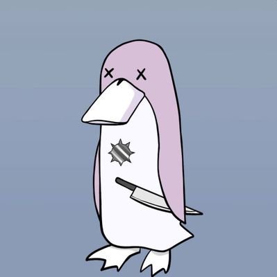 A cartoon penguin character with pink hair, X-shaped eyes, and a star mark on its chest appears dead or unconscious.
