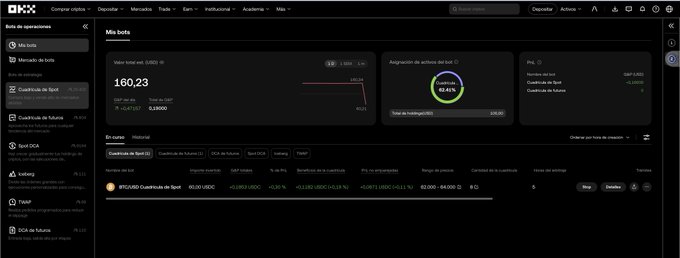 A screenshot of the OKX cryptocurrency exchange platform in Spanish, displaying 'Mis bots' (My bots) and showing a USD/USDC trading pair with a balance of 180.23 and a net value of 45.52%.
