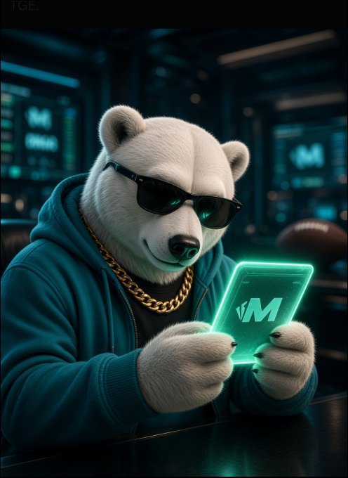 The MintBear mascot wearing sunglasses and a gold chain, illuminated by the glow of a phone displaying the M logo in a dark tech-themed setting.