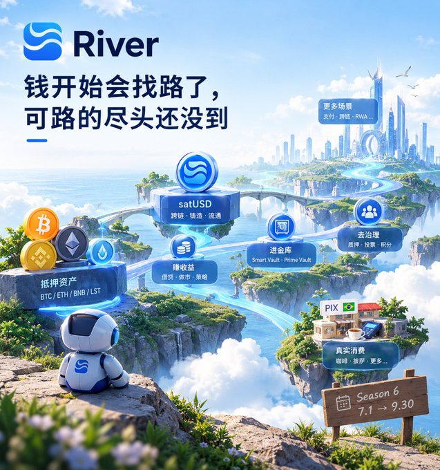 The image is a promotional graphic for River's Season 6 campaign (7.1 → 9.30), featuring a whimsical floating-island landscape with a small robot character overlooking a futuristic cityscape, showcasing features like satUSD (cross-chain), pledged assets (BTC/ETH/BNB/LST), Smart Vault/Prime Vault deposits, and PIX real-world consumption in Brazil. 

The accompanying post explains River's mission to eliminate the user burden of tracking which chain their assets sit on—visually reinforced by the rivers/bridges connecting the floating platforms, symbolizing seamless cross-chain flow rather than fragmented, chain-specific silos.