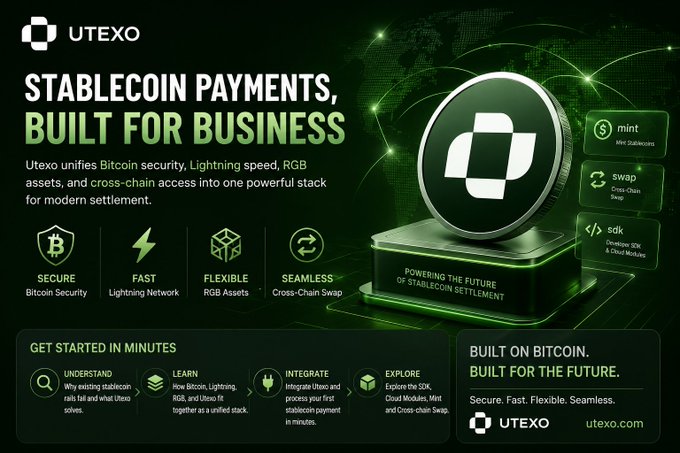 A promotional banner for UTEXO stablecoin payments, highlighting features like 'SECURE' (Bitcoin Security), 'FAST' (Lightning Network), 'FLEXIBLE' (RGB Assets), and 'SEAMLESS' (Cross-Chain Swap) with the tagline 'STABLECOIN PAYMENTS, BUILT FOR BUSINESS.'