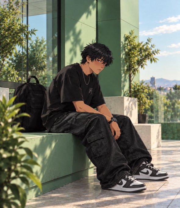 An anime-style illustration of a young man with dark hair wearing a black t-shirt, dark cargo pants, and black-and-white sneakers, sitting on a green ledge next to a black backpack.