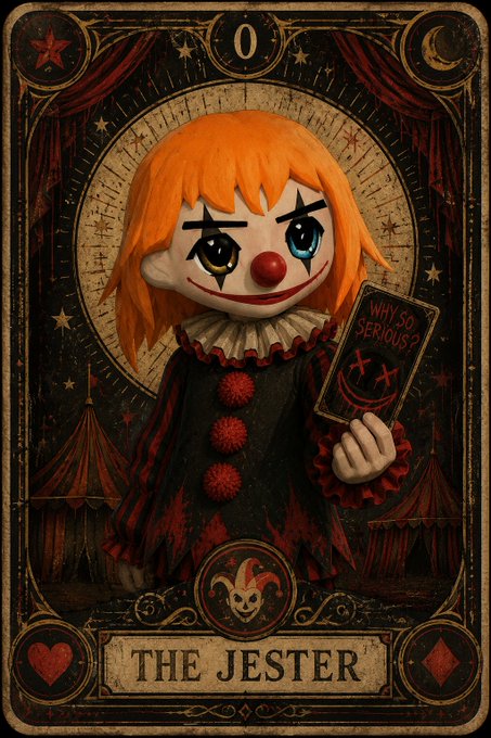 A tarot-style card titled 'THE JESTER' depicting an orange-haired clown/jester figure holding a card that reads 'WHY SO SERIOUS?' in a dark gothic style.