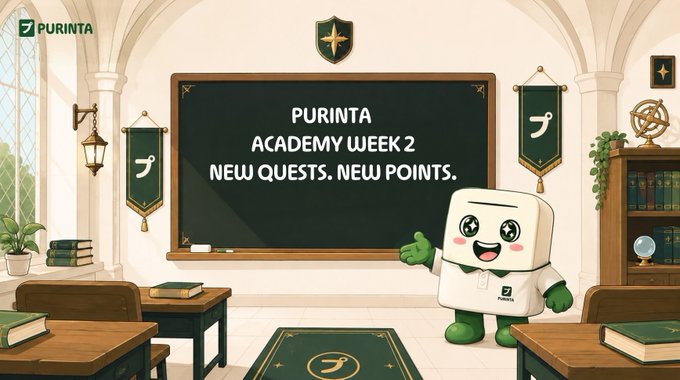 The image shows a classroom scene with a chalkboard reading "PURINTA ACADEMY WEEK 2 NEW QUESTS. NEW POINTS," alongside the Purinta mascot character and "academy.purinta.xyz" branding. This visually reinforces the post's announcement about Week 2 of Purinta Academy, highlighting the launch of UGC quests and the ongoing pursuit of Purinta Points toward a Liquidity License.