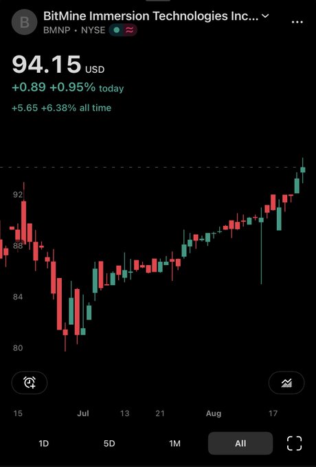 A Robinhood stock chart shows BitMine Immersion Technologies Inc. (BMNP) trading at $94.15, up $0.89 (+0.95%) for the day and +$5.65 (+6.38%) all time, with the "All" timeframe selected displaying a candlestick chart from late June through August.