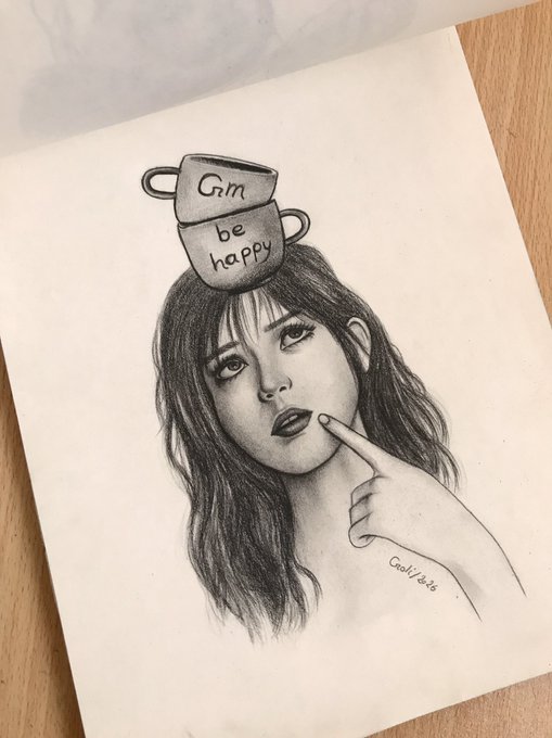 A pencil sketch portrait of a young woman balancing stacked teacups on her head labeled 'Gm' and 'be happy', with a finger touching her lips, signed 'CaoKaKa'.