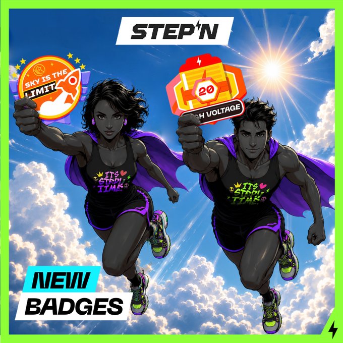 A promotional graphic for STEP'N app featuring two superhero-style runners in 'It's ETH TIME' shirts flying through the sky holding badges labeled 'SKY IS THE LIMIT' and 'HIGH VOLTAGE 20', with 'NEW BADGES' text in the corner.