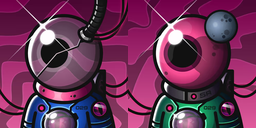 Two cartoonish astronaut-like robots with large glass domed helmets stand side by side against a magenta background, fitting the cosmic, otherworldly theme suggested by the "Visions of the Void" NFT collection being swept on the blockchain marketplace.
