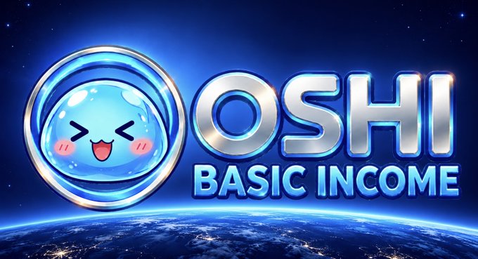 A bright blue digital logo reads “OSHI” and “BASIC INCOME,” with a smiling cartoon droplet-like character beside Earth viewed from space.