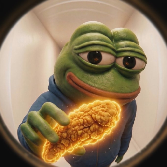 A 3D rendering of a Pepe the Frog character wearing a blue hoodie, looking through what appears to be a porthole or lens, holding a glowing golden fried chicken drumstick.