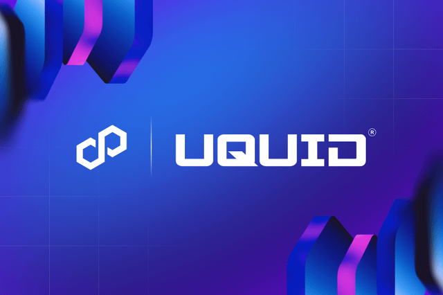 The image features a vibrant blue background with white text that reads "Uquid" and "liquid". The text is surrounded by geometric shapes, including hexagons and rectangles of various sizes. The text is positioned at the top left corner of the image, while the geometric shapes are located in the bottom right corner. The overall layout suggests a connection between the Uquid logo and the product catalog for cryptocurrency tokens.