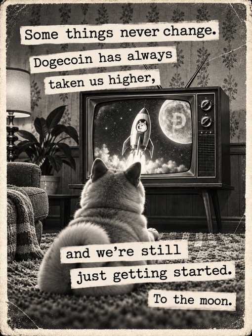 A vintage black-and-white meme-style image shows a cat watching a rocket and moon on TV, with text reading, “Some things never change. Dogecoin has always taken us higher, and we’re still just getting started. To the moon.”