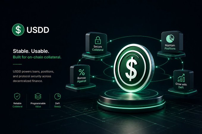 A promotional graphic for 'USDD' cryptocurrency, featuring a glowing silver coin with a dollar sign and text reading 'Stable. Usable. Built for on-chain collateral.' with features like 'Secure Collateral', 'Borrow Against', 'Maintain Positions', and 'Grow with DeFi'.