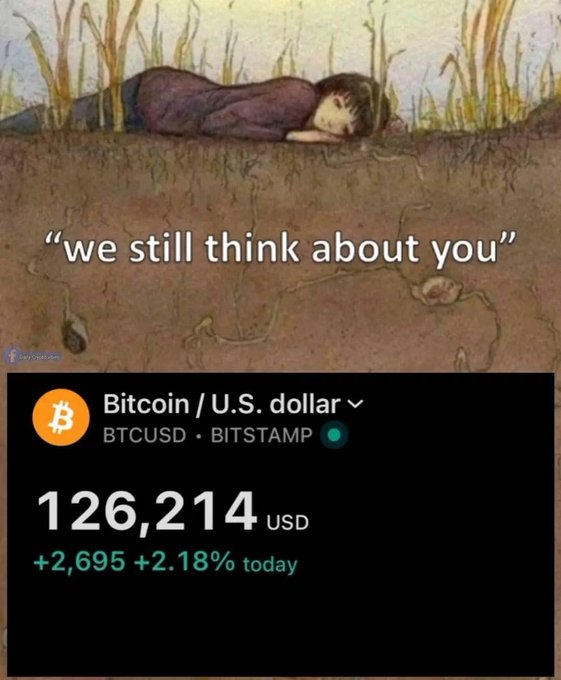 A sad meme showing a girl lying in grass with the text 'we still think about you' above a Bitcoin (BTCUSD on BITSTAMP) price ticker showing $126,214 USD, up +$2,695 or +2.18% for the day.