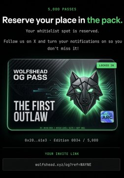 A promotional image announces 5,000 available Wolfshead OG Pass whitelist spots, displaying a green-accented NFT pass card titled "THE FIRST OUTLAW" with Edition 0034/5,000 and an Arc logo, directly supporting the post's announcement of the live whitelist for Wolfshead's token launchpad on Arc.