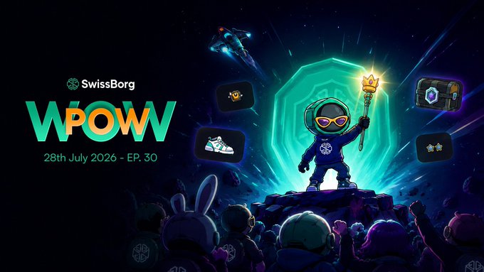 The image is a vibrant promotional graphic for SwissBorg's "PowWow" Episode 30, dated 28th July 2026, featuring an astronaut mascot holding a glowing scepter amidst a crowd of onlookers, with items like sneakers, a treasure chest, and a jetpack floating in a cosmic background. It visually ties to the post as a recap banner for the #SwissBorg PowWow #30 community update, highlighting the Guardians App shoutout to Benjy with related ticker tags ($BORG, $BTC).