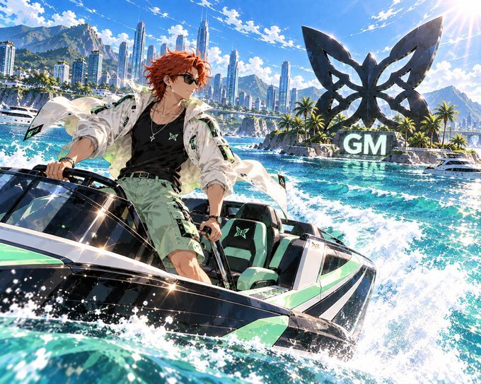 An anime-style illustration shows a red-haired man in sunglasses driving a green and black speedboat, with a large butterfly logo and 'GM' visible in the background cityscape.