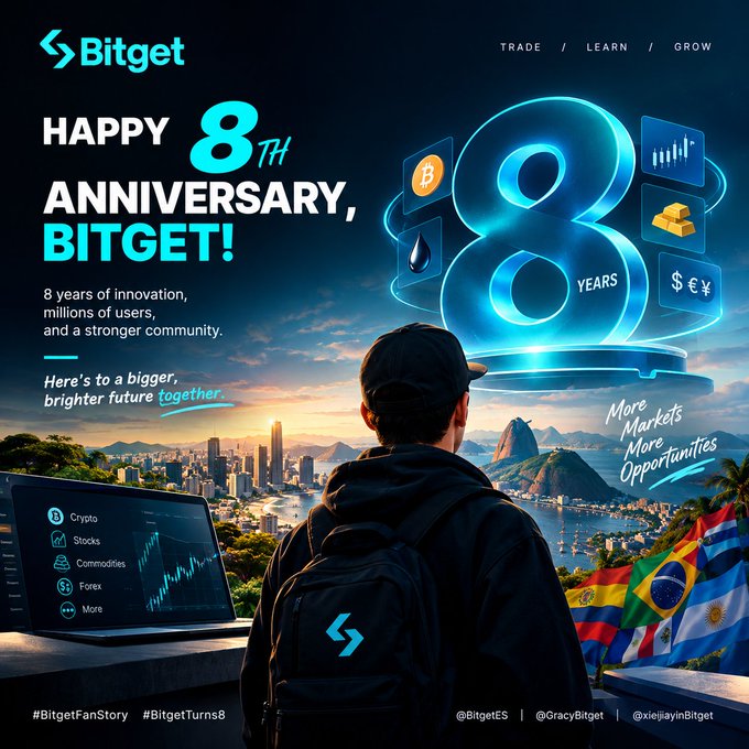 The image is a promotional graphic celebrating Bitget's 8th anniversary, featuring a hooded figure overlooking a coastal city skyline with the glowing "8 YEARS" logo, trading categories (Crypto, Stocks, Commodities, Forex), hashtags "#BitgetFanStory" and "#BitgetTurns8," and Latin American flags, visually reinforcing the post's message of reflecting on 8 years of growth while looking ahead to bigger opportunities.