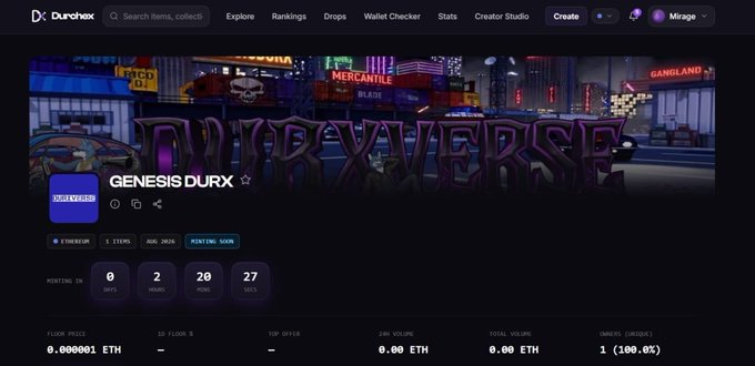 The image shows the DurHex marketplace page for the "GENESIS DURX" NFT collection, which is part of the "DURXVERSE" universe. The page displays minting details including a 3-day countdown (0 days, 2 hours, 20 mins, 27 secs remaining) and 1 item at a floor price of 0.000001 ETH, tying into the announcement about the upcoming free mint on August 18th at 8pm UTC with a supply of 300.