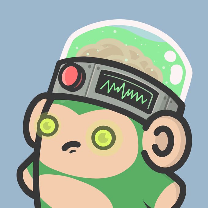 A cartoon illustration of a green-suited character wearing a glass dome helmet filled with bubbling liquid and a metallic headband displaying a heartbeat line, with glowing green circular eyes.