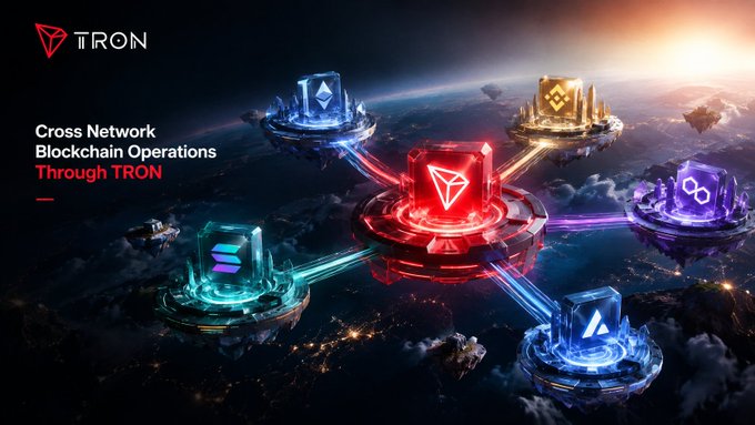 A promotional graphic for TRON blockchain featuring 'Cross Network Blockchain Operations Through TRON' with glowing interconnected platform nodes in space.
