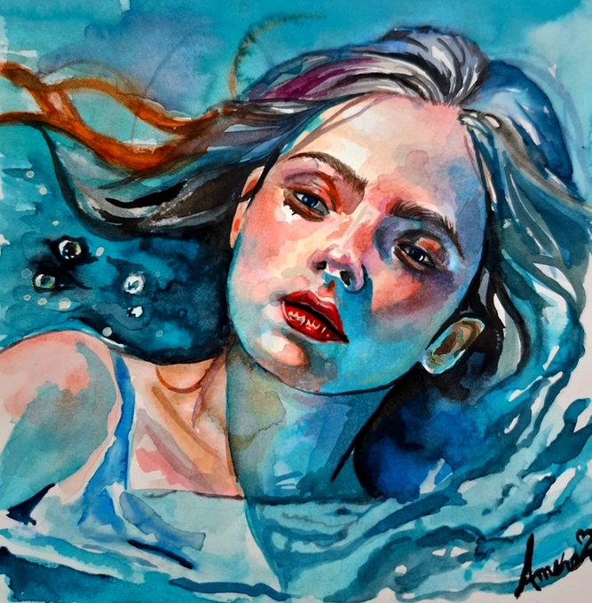 A vibrant watercolor painting of a woman with flowing hair, red lips, and striking eyes, rendered in bold blues and pinks.