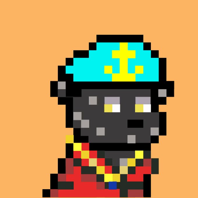 A pixel art character with dark gray skin, glowing yellow eyes, wearing a turquoise and yellow patterned hat and red robes, set against an orange background.