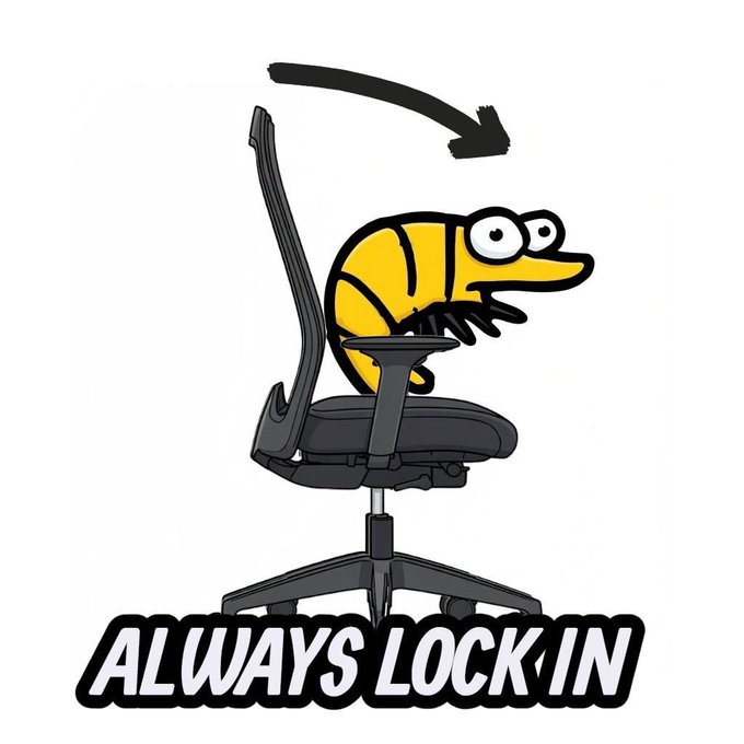 A cartoon yellow creature with large eyes sitting on an office chair with an arrow indicating motion, accompanied by the text 'ALWAYS LOCK IN'.