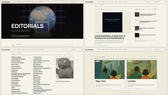 A collage of screenshots from the Le Random website showing editorial articles including 'Living Aesthetics: A Grammar of Protocol Art and Worldbuilding' and city showcases for New York and London.