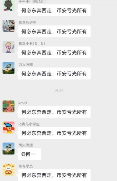 The image shows a group chat where multiple users (千干干III极丑III, 青鸟后进生, 青鸟小丑($_$), 丙火照耀, krnld, ig青岛小学生, 青鸟学员) repeatedly type "何必东奔西走，币安写所有" (Why run around everywhere? Binance has it all), with user 丙火照耀 also tagging @何一. This barrage of identical messages from "Blue Bird" (青鸟) group members visually demonstrates the organized, malicious trolling against Binance that the accompanying post is criticizing, mocking the chant-like repetition as coordinated slander toward @heyibinance.