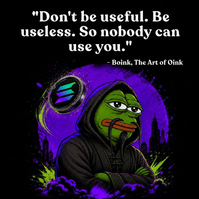 The image features a cartoon frog wearing a hoodie with a coin attached to its head. The background is black, which contrasts with the colorful elements of the frog's outfit. Below the frog, there is text that reads "Don't be useful. Be useless. So nobody can use you." This quote seems to be related to the image and possibly serves as an artistic or humorous commentary on the concept of utility in a digital age.