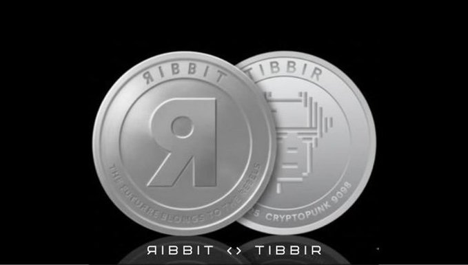 A 3D render of two silver Ribbit/Tibbir crypto tokens on a black reflective background, with text reading 'RIBBIT <-> TIBBIR' and 'CRYPTO/PUNK 999' on the coins.