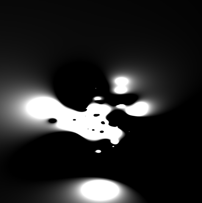Abstract black and white blob-like shapes with glowing highlights against a dark background.