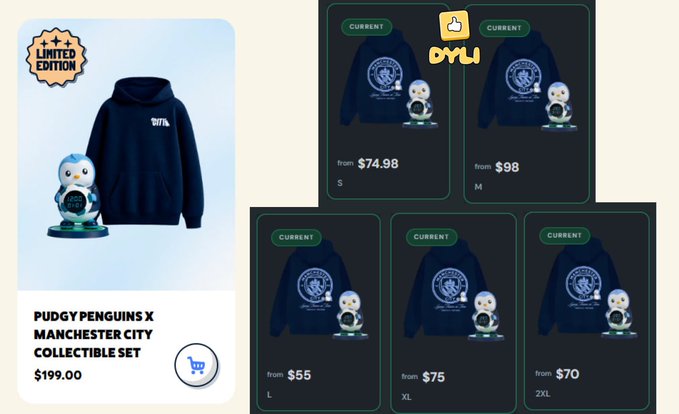 E-commerce listing for a 'Pudgy Penguins x Manchester City Collectible Set' priced at $199.00, alongside various Pudgy Penguin hoodies priced from $55 to $98.