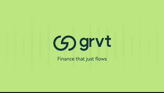 A light green title card displays the dark blue “grvt” logo and the tagline “Finance that just flows.”