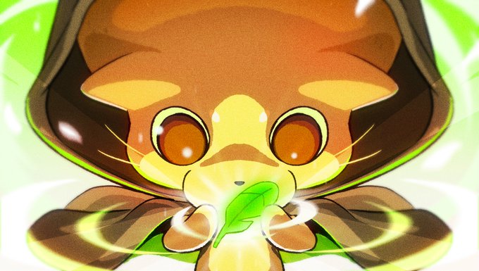 A cartoon illustration of a cute, big-eyed brown creature wearing a hood, holding a glowing green leaf with magical green light radiating around it.