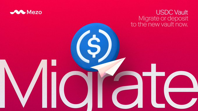 The image features a vibrant pink/magenta background with the Mezo logo and the large word "Migrate" prominently displayed, alongside a blue USDC coin icon with a paper airplane graphic, and text reading "USDC Vault - Migrate or deposit to the new vault now." The graphic visually reinforces the post's final reminder to migrate funds from the Stablecoin Vault to the USDC Vault before the July 31st deadline.
