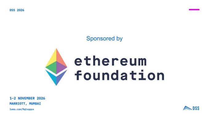 The image shows a "DSS 2026" (DeFi Security Summit) sponsorship slide featuring the colorful Ethereum Foundation logo alongside the text "Sponsored by." The slide promotes the event taking place 1–2 November 2026 at the Marriott in Mumbai, with ticketing via luma.com/9qtxqqxx, confirming the Ethereum Foundation as a sponsor of the summit.