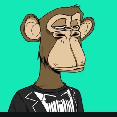 The image features a Bored Ape Yacht Club (BAYC) NFT character wearing a black tuxedo with a bow tie, set against a teal background. It corresponds to the post's reference to "@BoredApeYC," depicting the avatar styled as a formally dressed "CEO" as described.