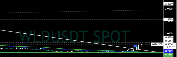 The image shows a line graph with a downward sloping line, indicating a decrease in price over time. The text "WLD higher plss!" suggests that there might be an upward trend or increase in the stock's value. This information can help viewers understand the current state of the stock and make informed decisions about their investments.