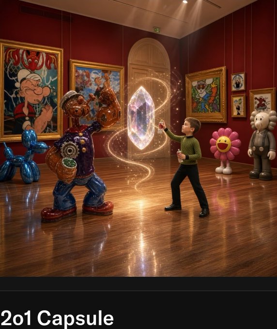 An art gallery scene features a glossy Popeye-like figure, a man holding a glowing crystal, and several KAWS-style figurines in the background, labeled "2o1 Capsule" at the bottom.