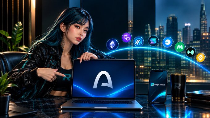 A young woman with dark hair points at a laptop displaying a stylized "A" logo, with cryptocurrency icons and a phone showing the "Bitget Wallet" interface arranged on the desk before a nighttime city skyline—visually representing ARC's new multi-chain asset transfer capability now live on Bitget Wallet.