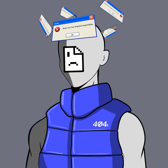 A bald figure in a blue vest marked "404s" has a glitchy, flat-expression icon for a face, surrounded by floating error dialog boxes reading "Error: Brain.exe has stopped responding." The image visually echoes the post's theme of disappearance and malfunction—the character appears as a corrupted, unresponsive presence, mirroring the fading streets and memory loss described in the narrative.